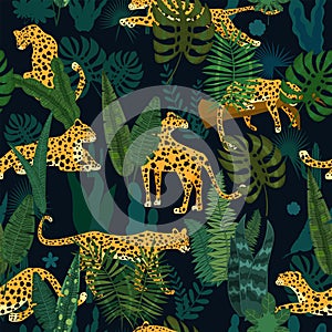 Leopard seamless pattern with tropical leaves