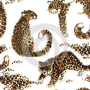 Leopard seamless pattern. tropical wild cat watercolor illustration. Safari wildlife fauna.