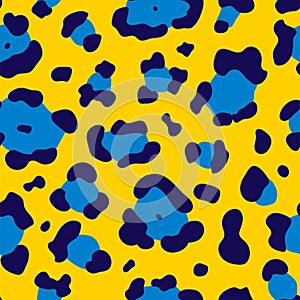 Leopard seamless pattern. Vector hand drawn wild animal leo skin, yellow and blue cheetah spots texture for fashion