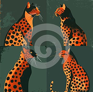 Leopard sitting cat stylized color dark background vector posters. Profile view spotted predator wild hunter orange dark