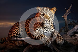 Leopard sitting on a log in the evening, 3d render, African leopard Panthera pardus illuminated by beautiful light, a female,