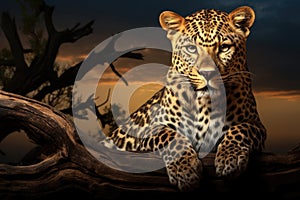 Leopard sitting on a log in the evening, 3d render, African leopard Panthera pardus illuminated by beautiful light, a female,