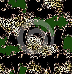 Leopard Skin and Baroque, Seamless Colored Pattern Patch for Textile Print.