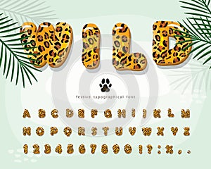 Leopard skin cartoon font. Jaguar, cheetah fur print bright alphabet. Funny animal letters and numbers. Vector