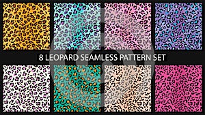 Leopard skin Fashion seamless pattern set. Jaguar, cheetah fur texture background collection. Animal stylish print for textile,