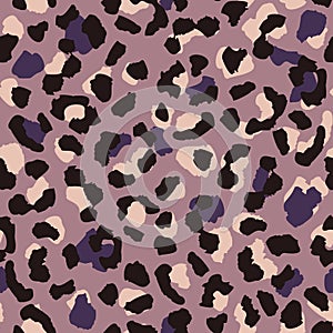 Leopard skin seamless pattern. Abstract animal fur wallpaper. Purple and warm pink colors texture repeat. Wild african cats