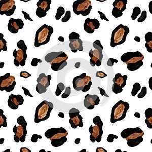 Leopard skin seamless pattern on white background. Watercolor hand painted cheetah endless print with brown and black spots.