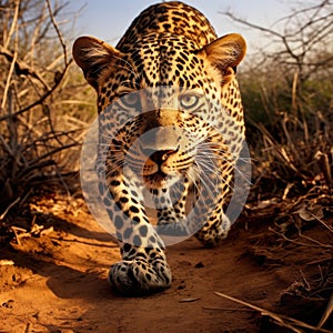 Leopard stalking towards the camera