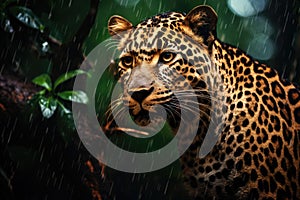 A leopard stands gracefully in the pouring rain, showcasing its majestic presence in the wild, leopard or panther on a tree in the