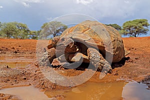 Leopard tortoise at a waterhole