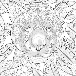 Leopard among tropical leaves. Animal.Coloring book antistress for children and adults.