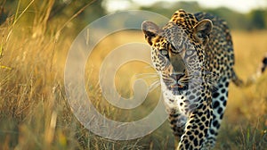 a leopard walking in grass forest