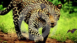 A leopard walking on the grass in the forest, AI