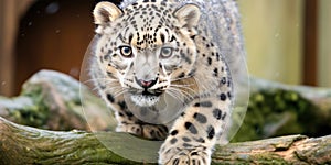 a leopard walking on a log