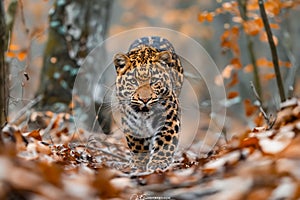 Leopard walking through the woods in autumn. Generative AI