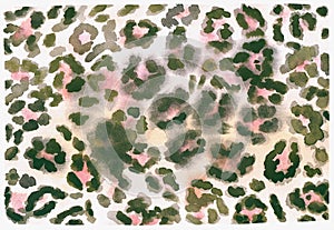 Leopard watercolor abstract pattern. Gray-green spots around pink spots on a light yellow gradient background. Illustration drawn