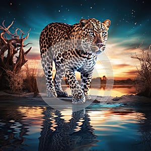 Leopard at waterhole  Made With Generative AI illustration