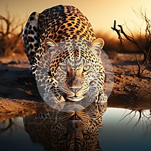 Leopard at waterhole  Made With Generative AI illustration