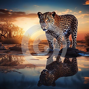 Leopard at waterhole  Made With Generative AI illustration