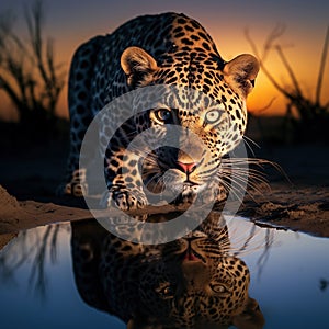 Leopard at waterhole  Made With Generative AI illustration