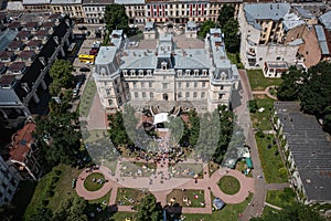 Leopolis Jazz Fest 2021. Stage near Potocki palace. Picnic zone. Aerial view from drone photo