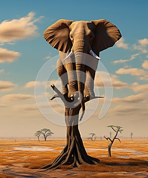 lephant in the sunset. Lonely elephant on tree.