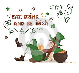 Leprechaun with a beer lying leaning on a pot of gold. Vector cartoon card for St. Patricks day