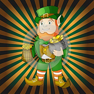 Leprechaun with beer and pot of gold on glittering background