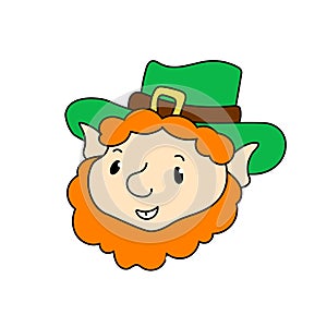 Leprechaun character head in green hat. St Patrick Day maskot or symbol. Smiling Leprechaun in red beard and green hat photo