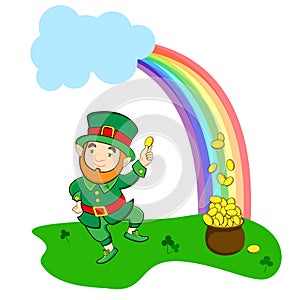 A leprechaun dancing under a rainbow with a pot of gold coins.