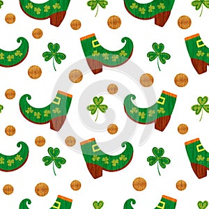 Leprechaun green shoes and gold dots with lucky clovers. Seamless pattern for Saint Patrick's Day holiday design.