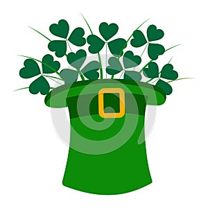 Leprechaun hat with shamrocks bouquet in trendy green. Design concept for St. Patricks greetings
