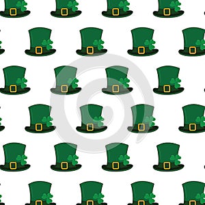 Leprechaun hats with shamrocks under ribbon with buckle seamless pattern design concept for backdrop