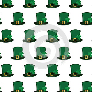 Leprechaun hats with shamrocks under ribbon with buckle seamless pattern design concept for backdrop photo