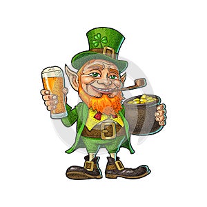 Leprechaun holding beer glass and pot of gold coins. Vector illustration.