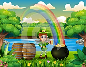 Leprechaun holding a mug beer on the nature and rainbow landscape