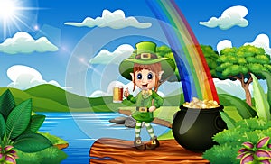 Leprechaun holding a mug beer on the nature and rainbow landscape