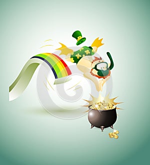 Leprechaun Jumping in Pot of Gold Coins