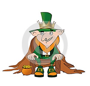 Leprechaun king on the throne with a pot of gold coins