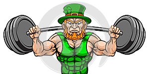 Leprechaun Mascot Weightlifter Lifting Big Barbell