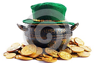 Leprechaun pot with gold coins and leprechaun hat isolated on white background Patricks Day design