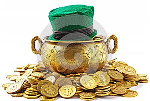 Leprechaun pot with gold coins and leprechaun hat isolated on white background Patricks Day design