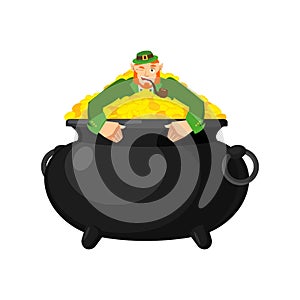Leprechaun in pot gold. Dwarf with red beard and bowler golded c
