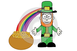 Leprechaun with pot of gold at end of rainbow