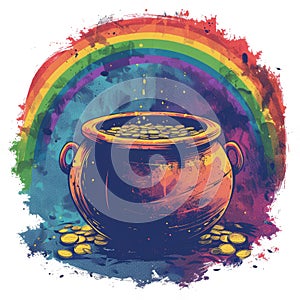 Leprechaun pot of gold and rainbow, watercolor drawing. Design for St. Patrick\'s Day