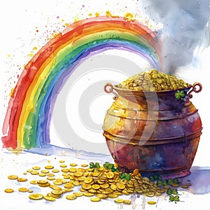 Leprechaun pot of gold and rainbow, watercolor drawing. Design for St. Patrick\'s Day