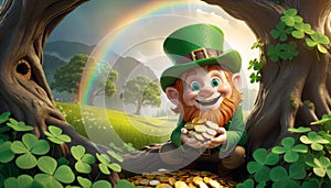 Leprechaun with Pot of Gold Under Tree