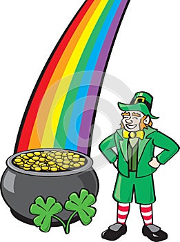 Leprechaun, Pot o' Gold, Shamrocks and Rainbow