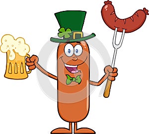 Leprechaun Sausage Cartoon Character Holding A Beer And Weenie