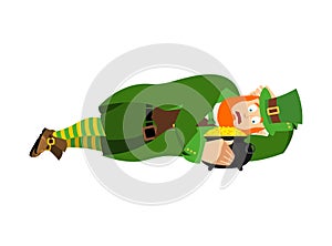 Leprechaun sleeps and pot of gold. dwarf for St.Patricks Day. na